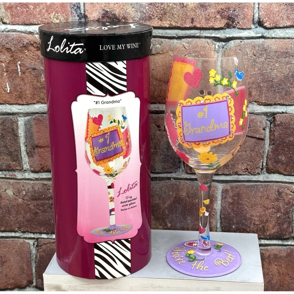 Lolita #1 Grandma Wine Glass Hand Painted w Gift Box Signed Purple Hugs n Cookie